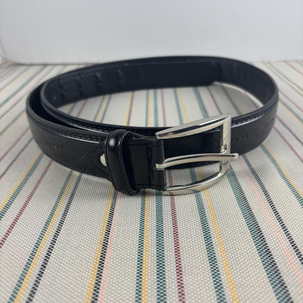 Canyon Sky Belt Mens Medium Black Embossed Southwestern Tooled Silver Buckle